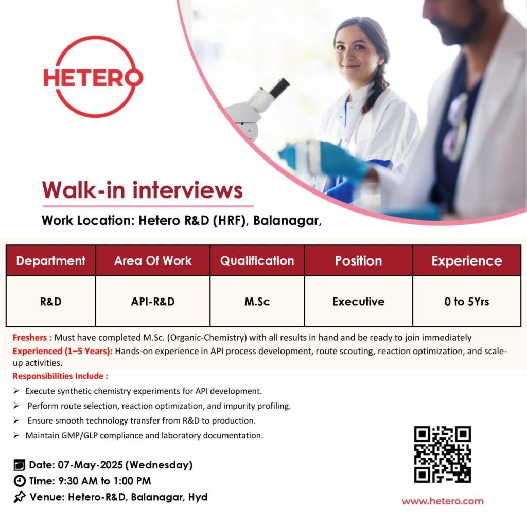 Hetero Labs Ltd. Walk-In Interview for API R&D Executive in Balanagar, Hyderabad – May 7, 2025