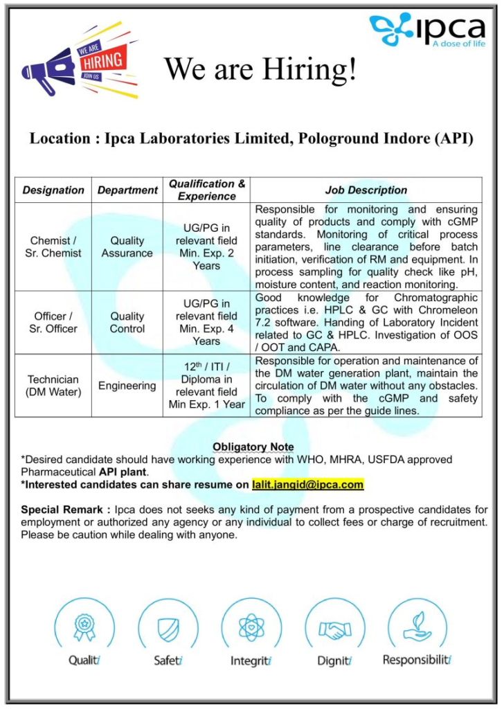Ipca Laboratories Limited Hiring for Pharmaceutical Sales Jobs & Careers