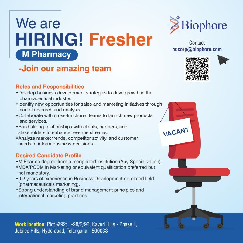 Biophore Hiring M.Pharm Freshers for Business Development in Hyderabad