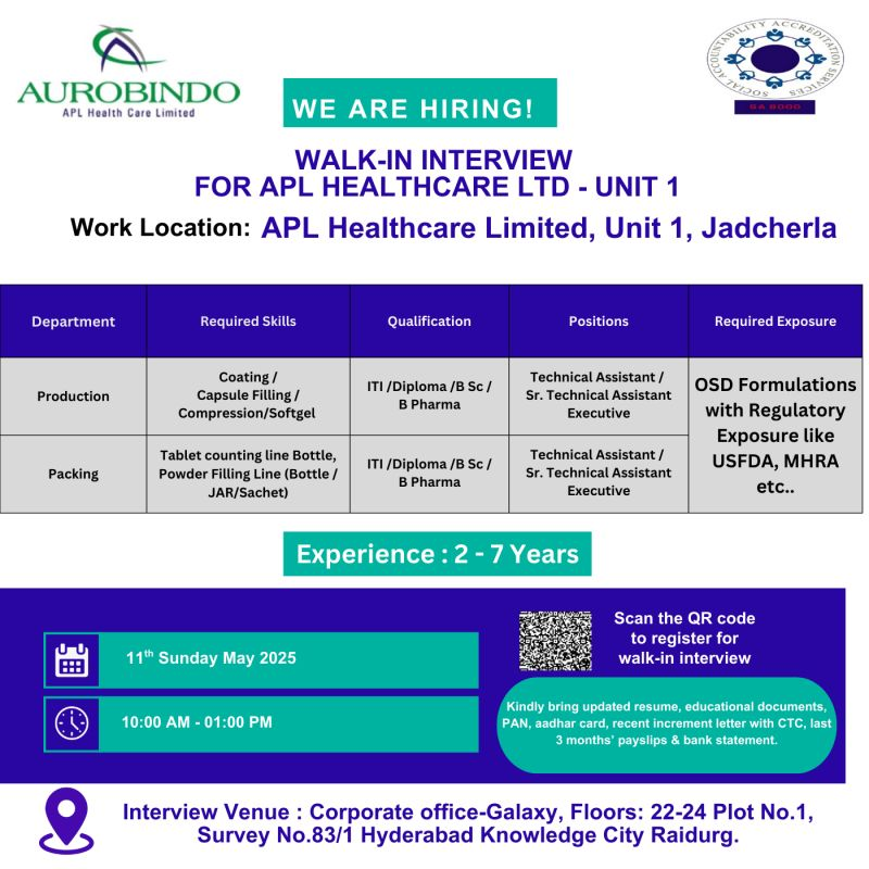 Aurobindo APL Health Care Ltd. Walk-In Interview for Production & Packing Roles in Hyderabad – May 11, 2025