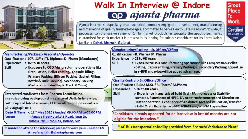 Ajanta Pharma Walk-In Interview for Manufacturing, Packing & Quality Control Roles in Indore – May 11, 2025