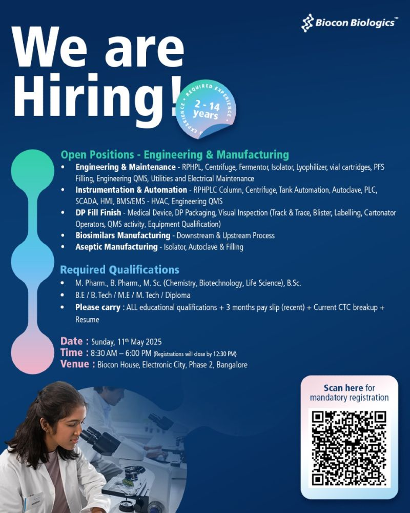 Biocon Biologics Walk-In Interview for Engineering & Manufacturing Roles in Bangalore – May 11, 2025