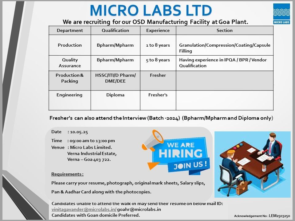 Micro Labs Ltd. Walk-In Interview for Production, QA, Packing & Engineering Roles in Goa – May 10, 2025