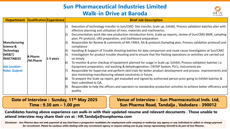 Sun Pharmaceutical Industries Ltd. Walk-In Interview for Manufacturing Science & Technology (MS&T) Injectables Roles in Baroda – May 11, 2025