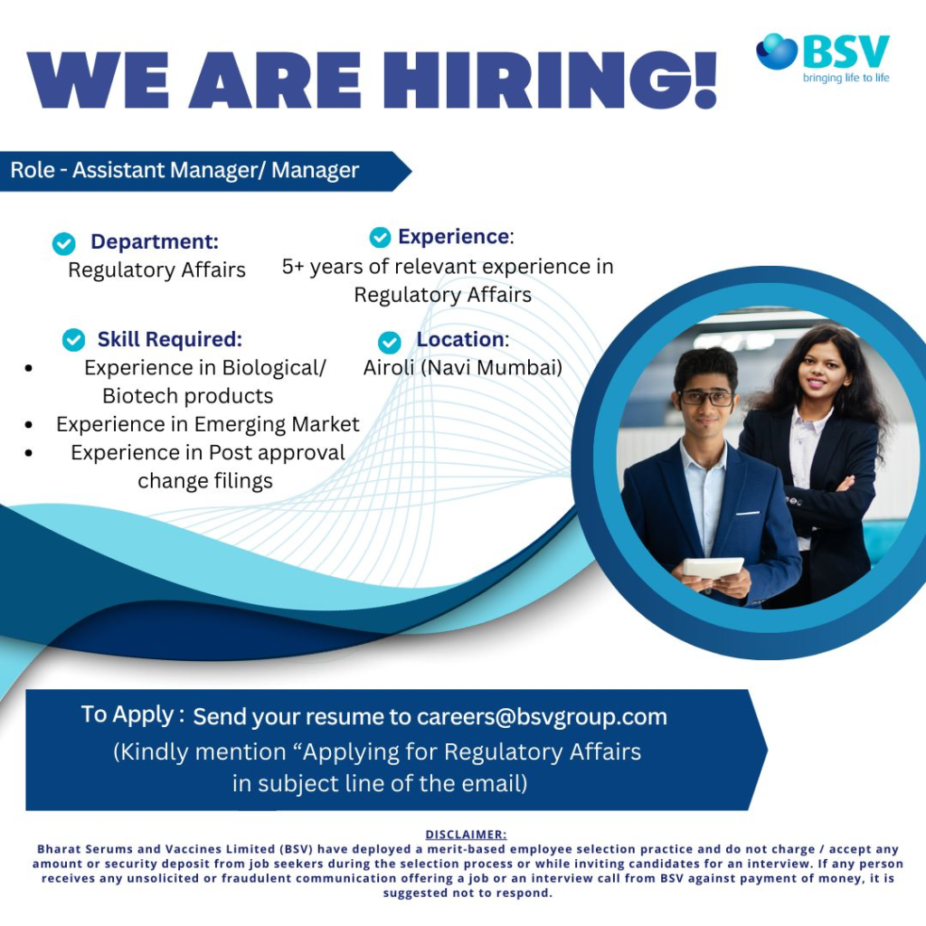 Bharat Serums and Vaccines Ltd. Job Posting for Assistant Manager/Manager Regulatory Affairs in Navi Mumbai