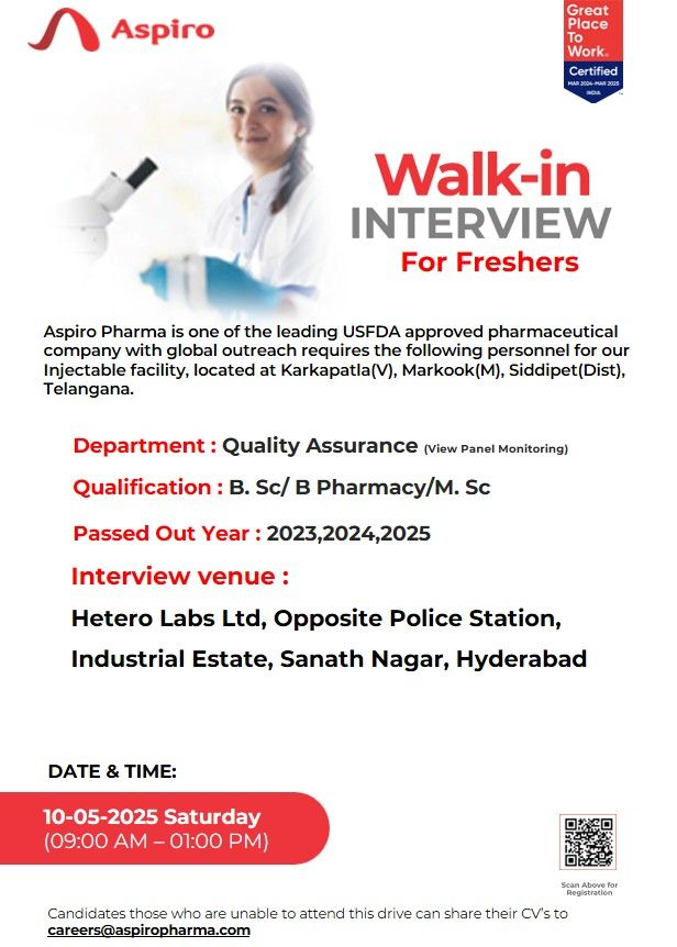 Aspiro Pharma Walk-In Interview for Freshers in Quality Assurance (Injectables) – May 10, 2025