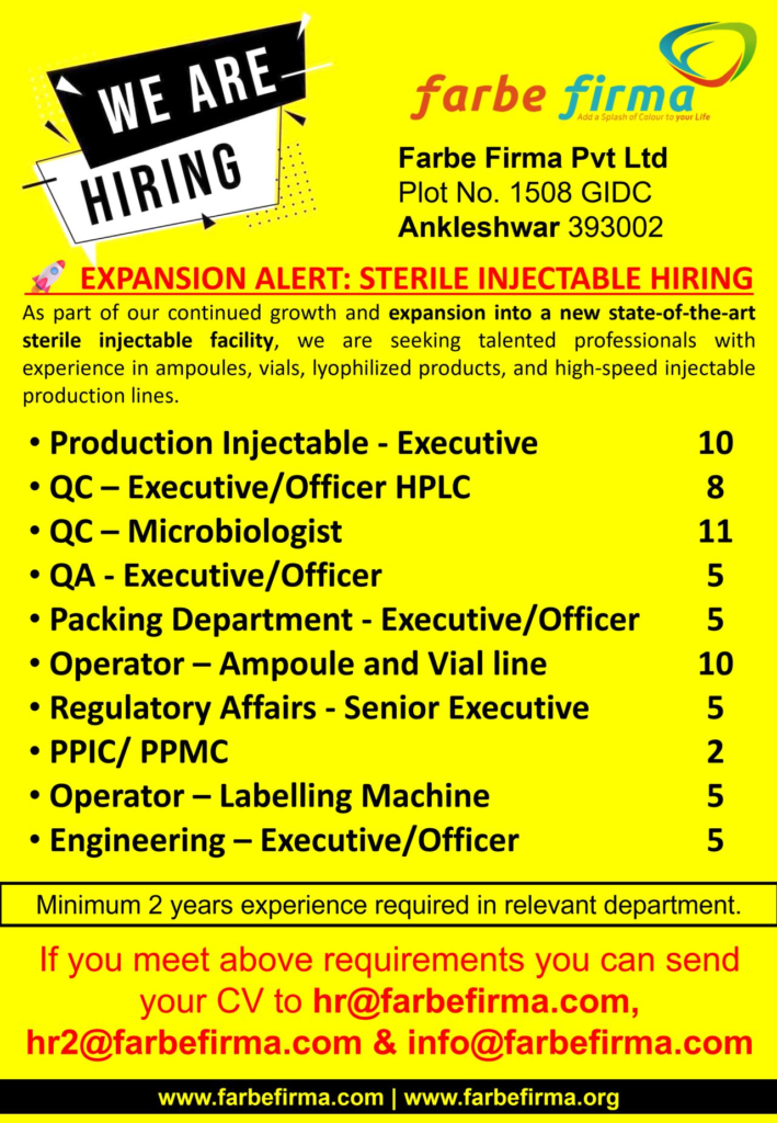 Farbe Firma Pvt. Ltd. Job Posting for Sterile Injectable Roles in Ankleshwar