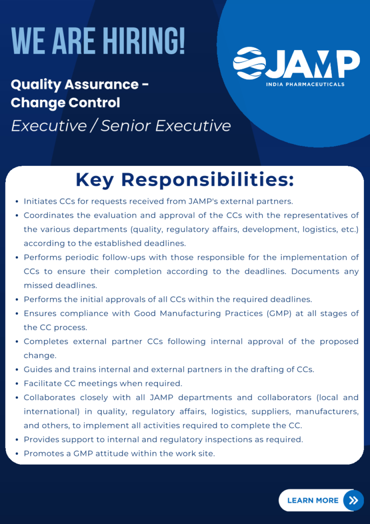 JAMP India Pharmaceuticals Job Posting for Quality Assurance Change Control Executive/Senior Executive