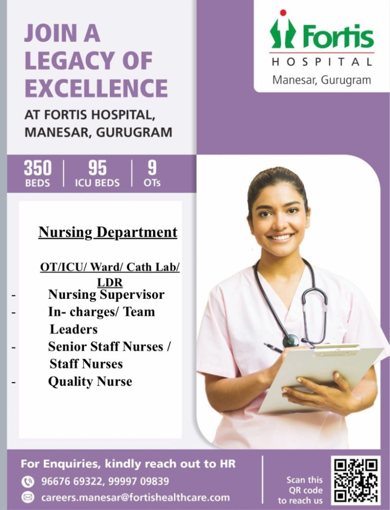 Fortis Hospital Manesar Urgent Hiring for Nursing Department Roles – OT, ICU, Ward, Cath Lab, LDR, Quality Nurse