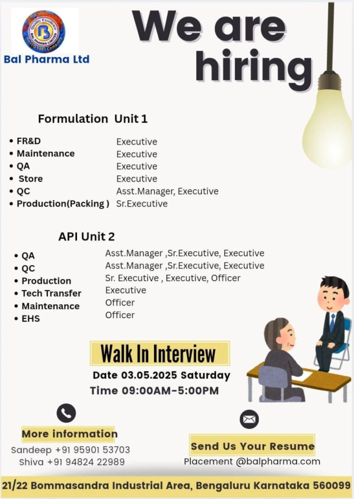 Bal Pharma Ltd – Walk-In Interviews for Pharma Professionals