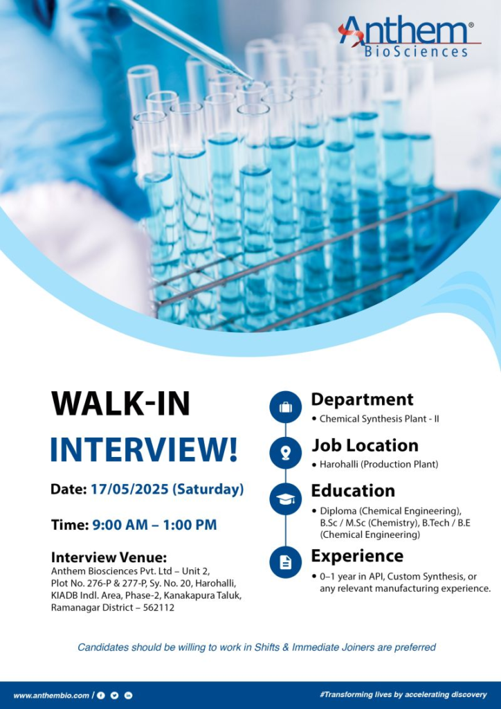 Anthem Biosciences Walk-In Interview for Chemical Synthesis Jobs (0-1 Year Exp)