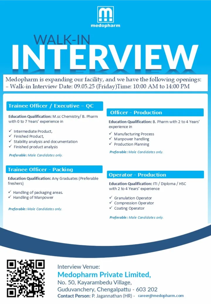 Medopharm Walk-In Interview for Pharmaceutical Job Openings on 9th May 2025