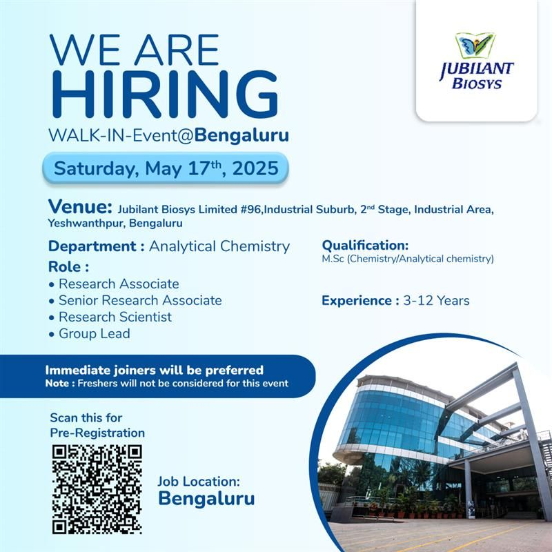 Jubilant Biosys Walk-In Interview for Analytical Chemistry Jobs on 17th May