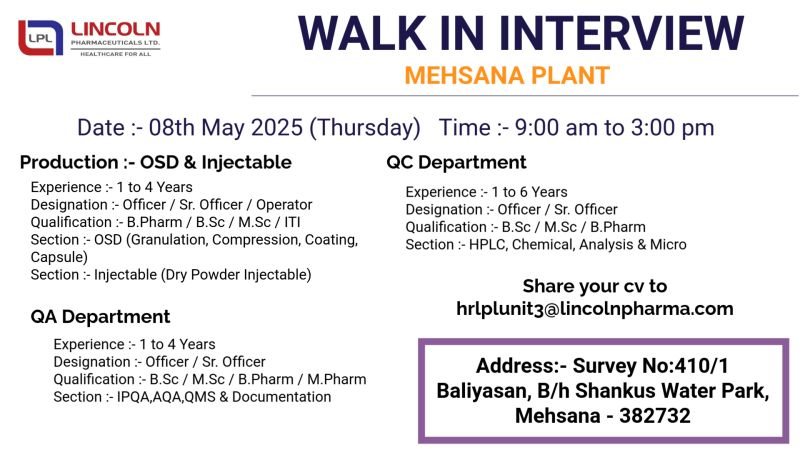 Lincoln Pharmaceuticals Ltd – Walk-In Interview for Production, QA &C Roles