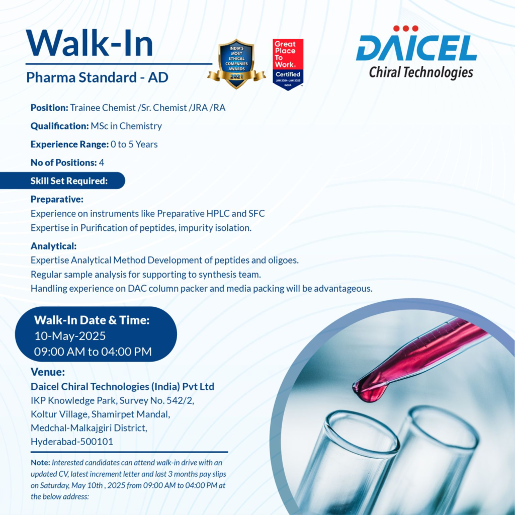 Daicel Chiral Technologies Walk-In Interview for Pharma Jobs (0-5 Years Exp)