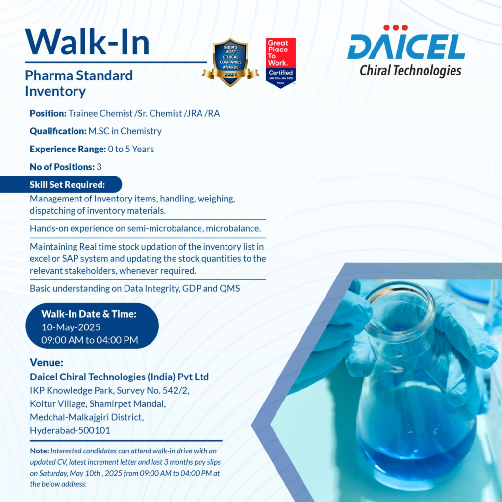 Daicel Chiral Technologies Walk in for trainee chemist