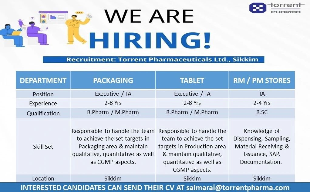 Torrent Pharmaceuticals - Job Openings in Packaging, Tablet, and RM/PM Stores in Sikkim