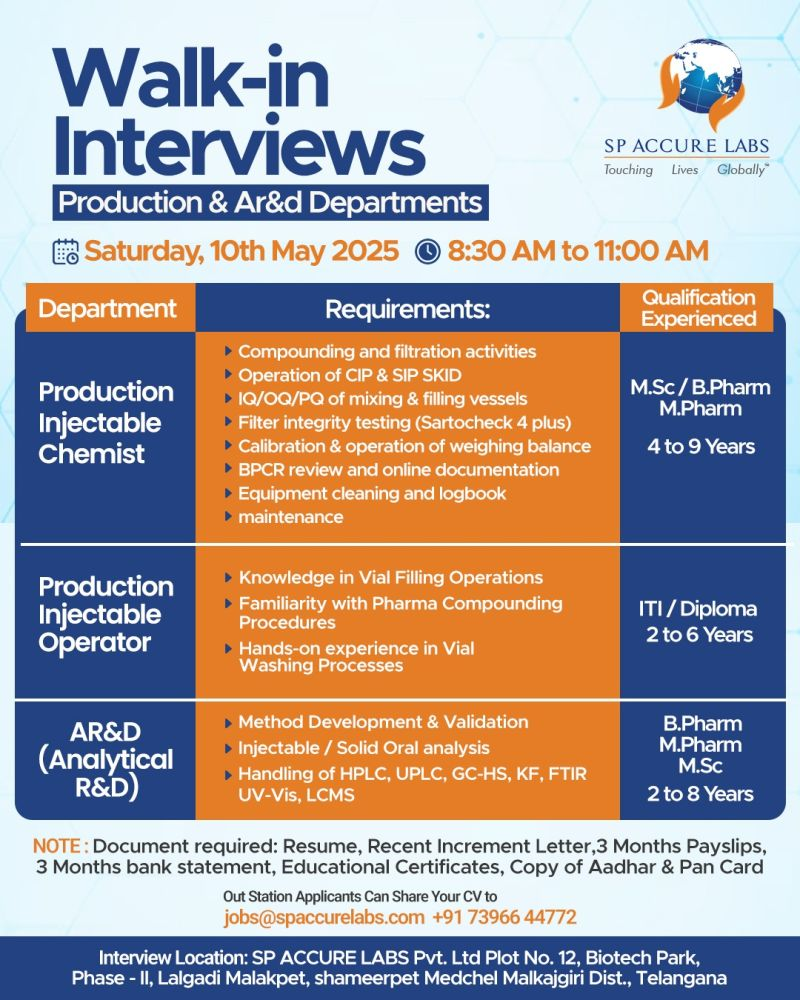 SP Accure Labs Walk-In Interview for Production & Analytical R&D Jobs on 10th May