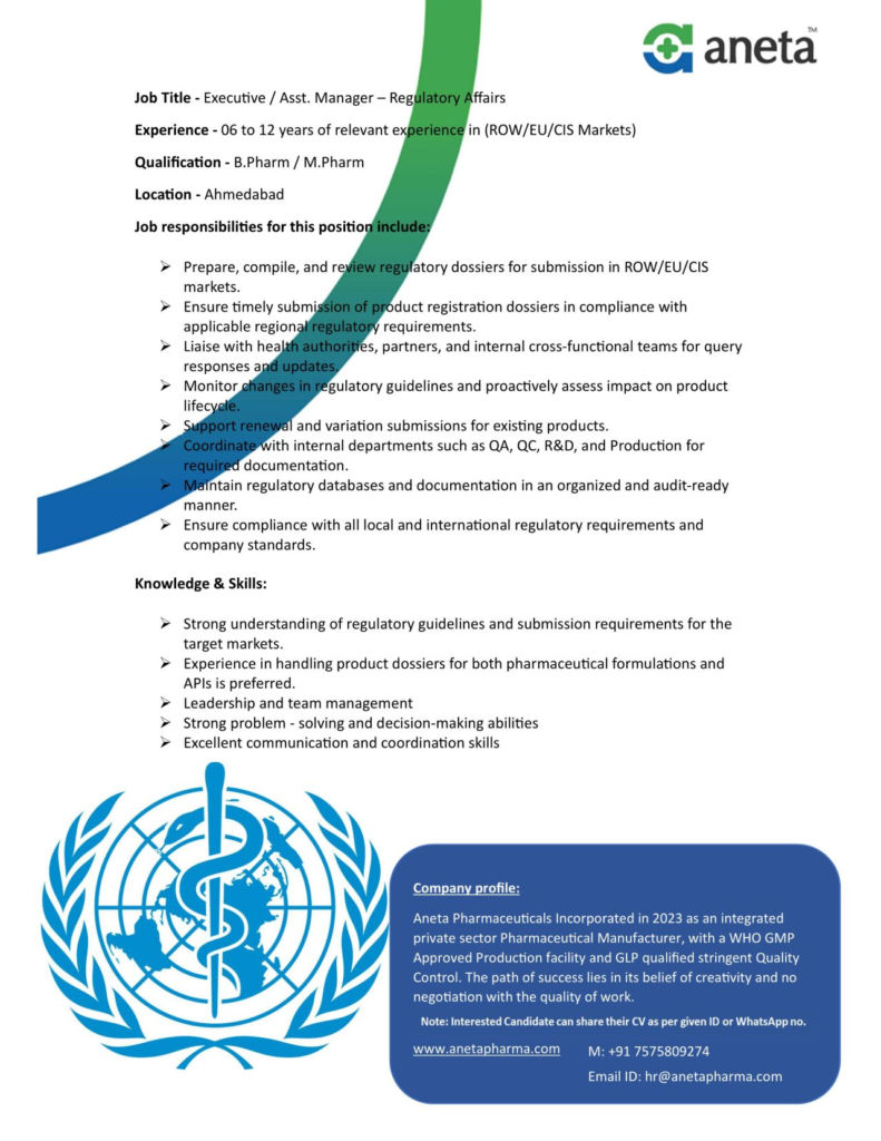 Aneta Pharmaceuticals Hiring for Executive / Asst. Manager - Regulatory Affairs Job in Ahmedabad