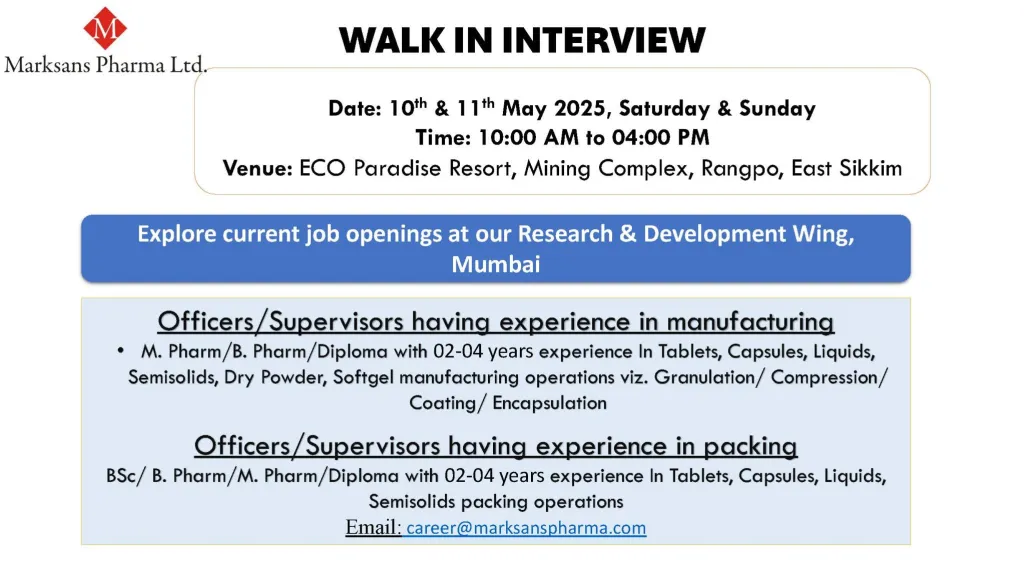 Marksans Pharma Walk-In Interview for Manufacturing & Packing Jobs on 10th-11th May