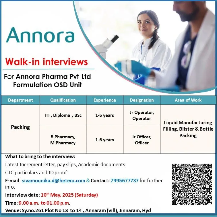 Annora Pharma Walk-In Interview for Production, Packing, and QA Jobs on 10th May