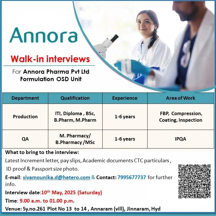 Annora Pharma Walk-In Interview for Production, Packing, and QA Jobs on 10th May