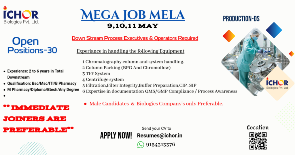 Ichor Biologics - Mega Job Mela for Downstream Process Jobs in Hyderabad on 10th - 11th May