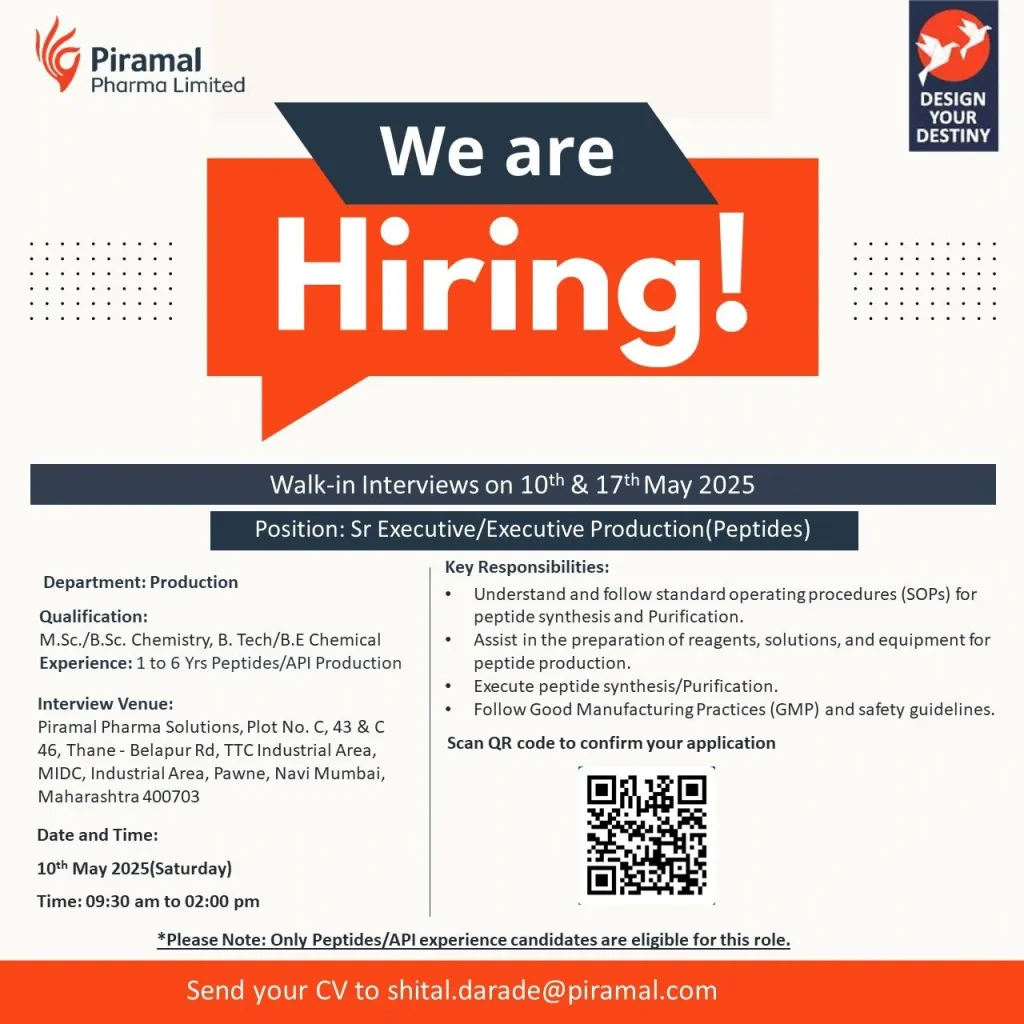 Piramal Pharma: Walk-In Interview for Sr. Executive/Executive Production (Peptides) in Navi Mumbai