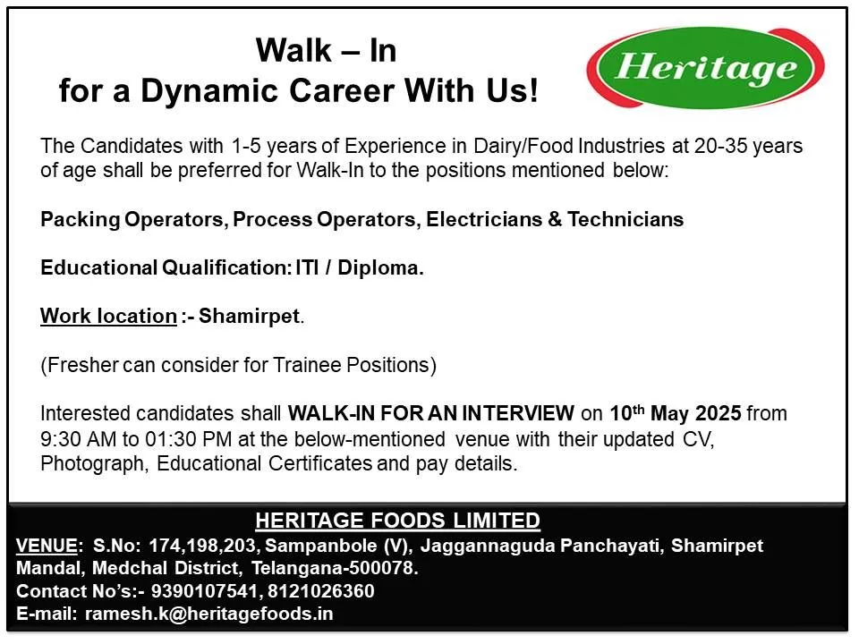 Heritage Foods Walk-In Interview for Packing, Process, and Technician Jobs on 10th May