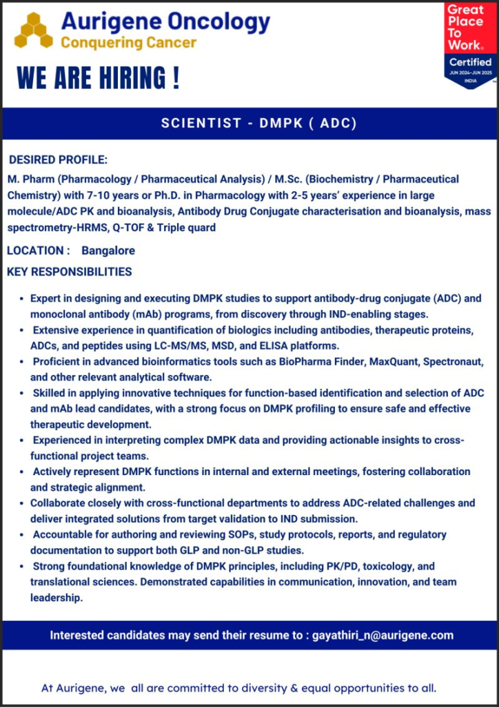 Aurigene Oncology Hiring for Scientist DMPK (Antibody Drug Conjugate) Job Opening in Bangalore