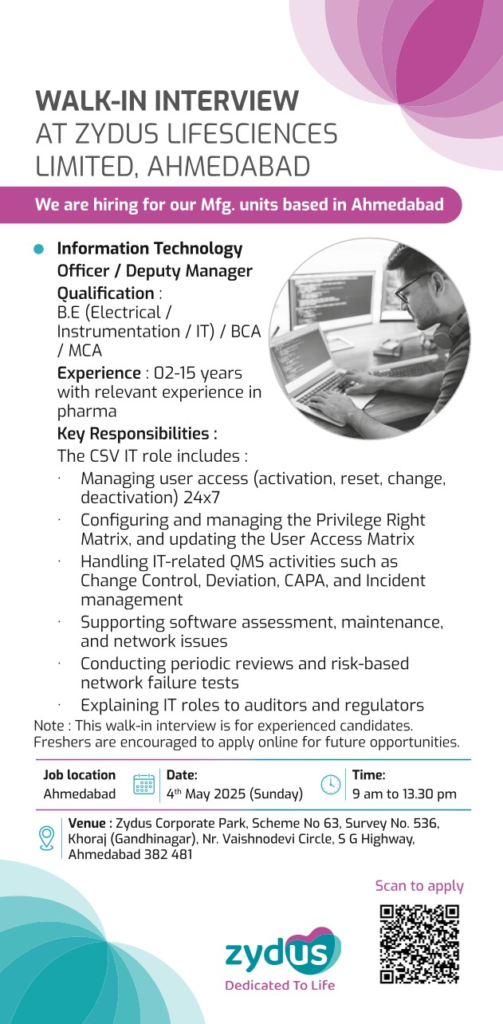Zydus Lifesciences Limited Walk-In Interview for BCA, MCA, B.E Candidates for IT Officer/Deputy Manager Roles