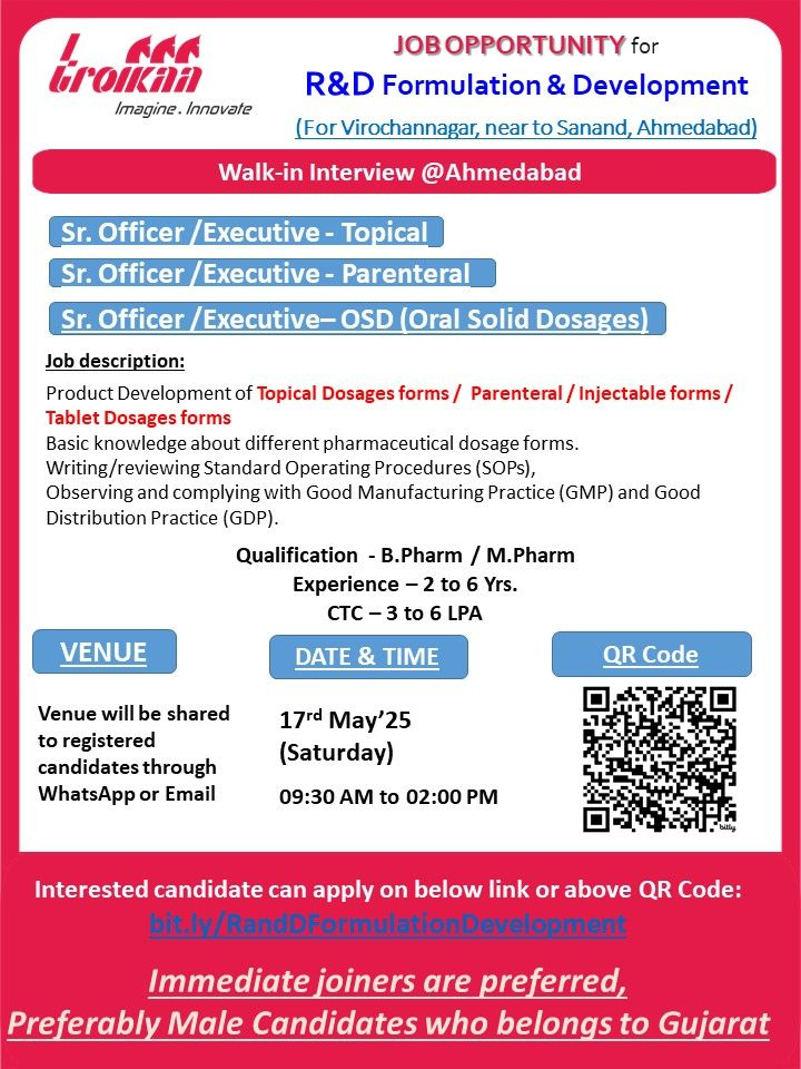Troikaa Pharmaceuticals Walk-In Interview for R&D Formulation & Development in Ahmedabad