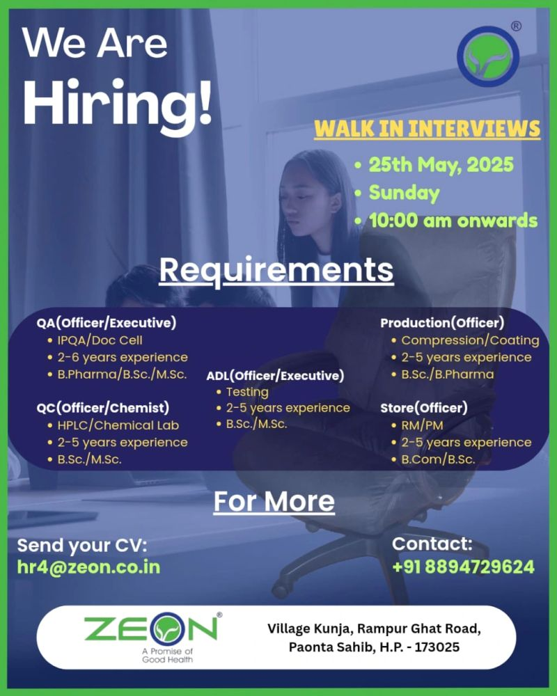 Zeon Biotech Walk-In Interview for QA, QC, ADL, Production, and Store Roles in Paonta Sahib