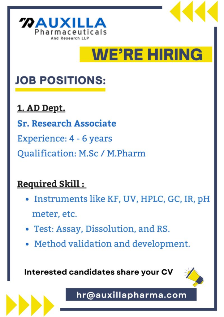 Auxilla Pharmaceuticals and Research LLP: Senior Research Associate – Analytical Development in Ahmedabad