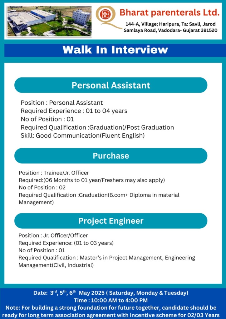 Bharat Parenterals Ltd Walk-In Interview for Multiple Positions (QA, QC Jobs Role) on 3rd, 5th and 6th May