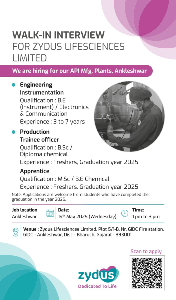 Zydus Lifesciences Walk-In Interview for Engineering, Production, and Apprentice Roles