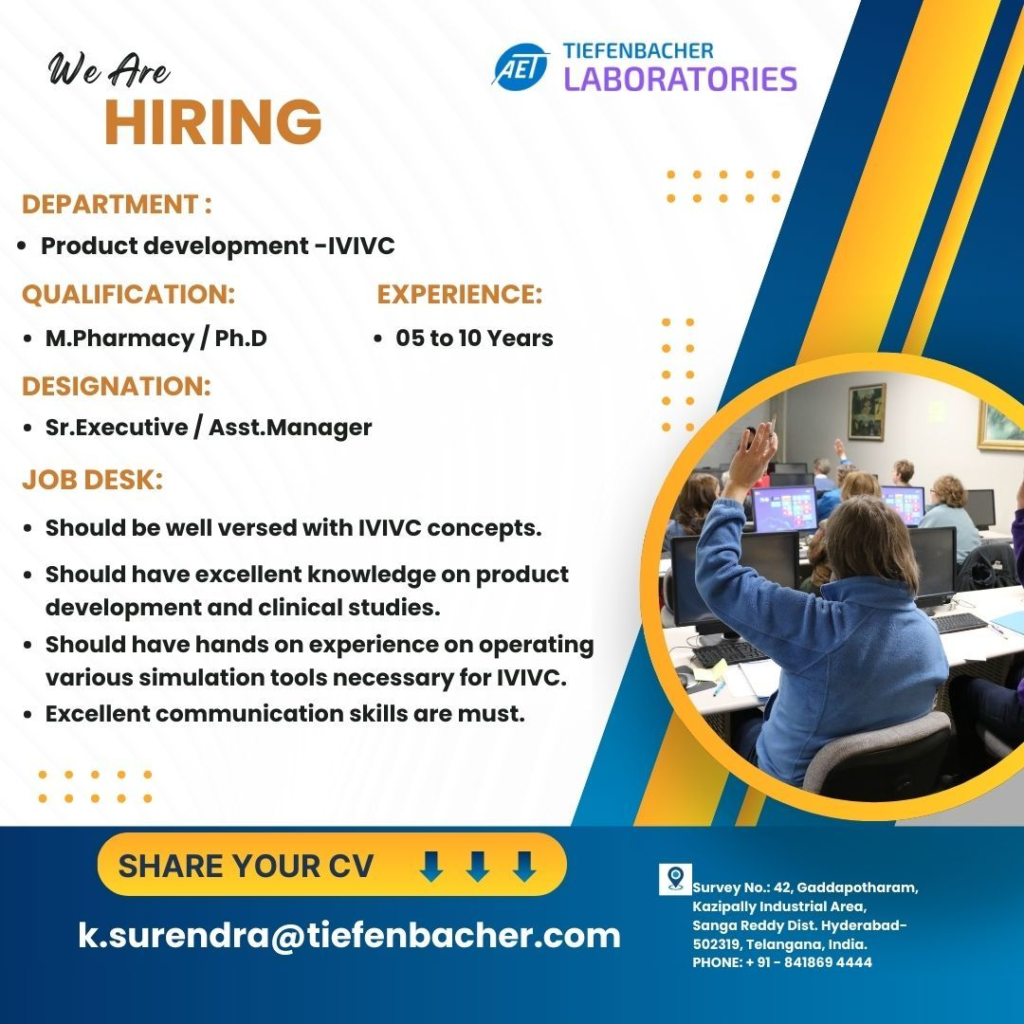 Tiefenbacher Laboratories Hiring for Sr. Executive/Asst. Manager – Product Development (IVIVC) in Hyderabad