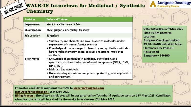 Aurigene Oncology Walk-In Interview for Medicinal Chemistry Technical Trainee in Bangalore