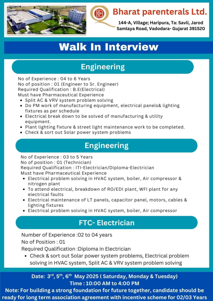 Bharat Parenterals Ltd Walk-In Interview for Multiple Positions (QA, QC Jobs Role) on 3rd, 5th and 6th May
