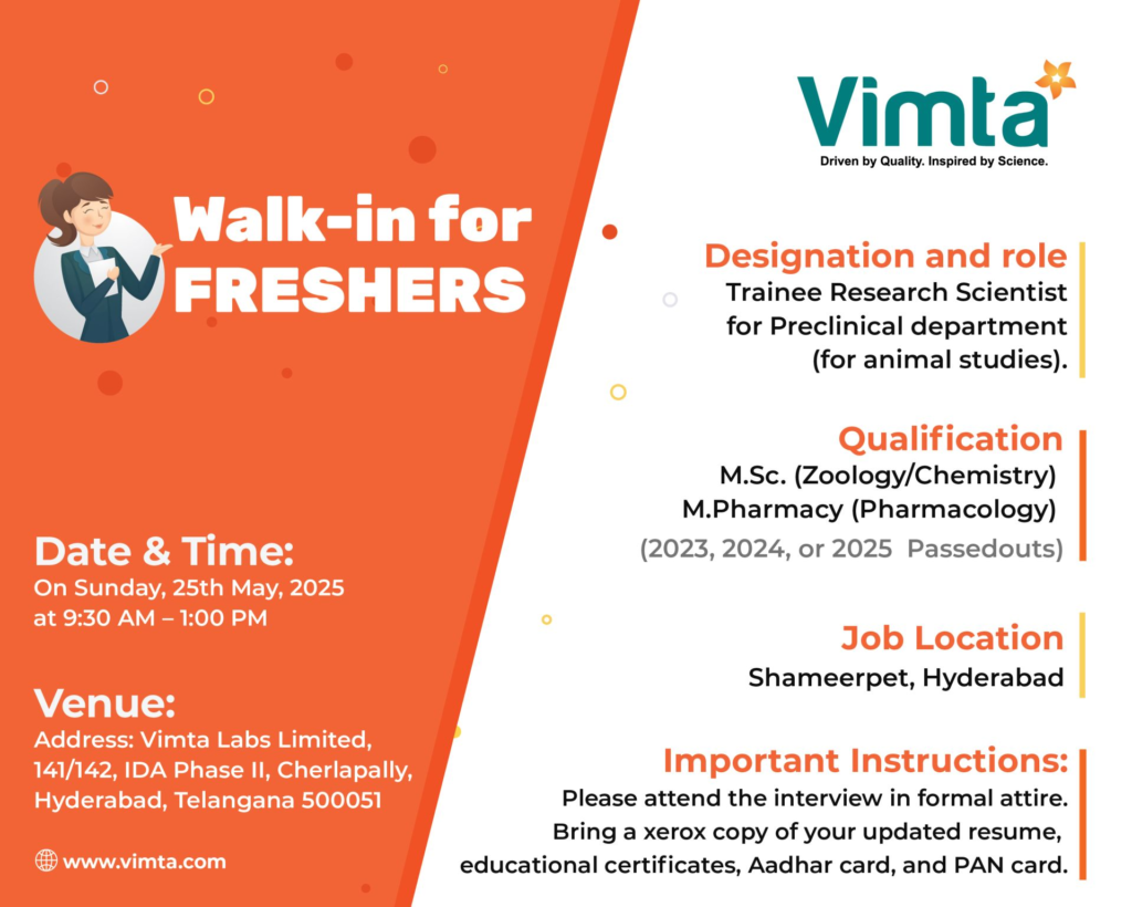 Vimta Labs Walk-In Interview for Trainee Research Scientist in Hyderabad [Freshers]