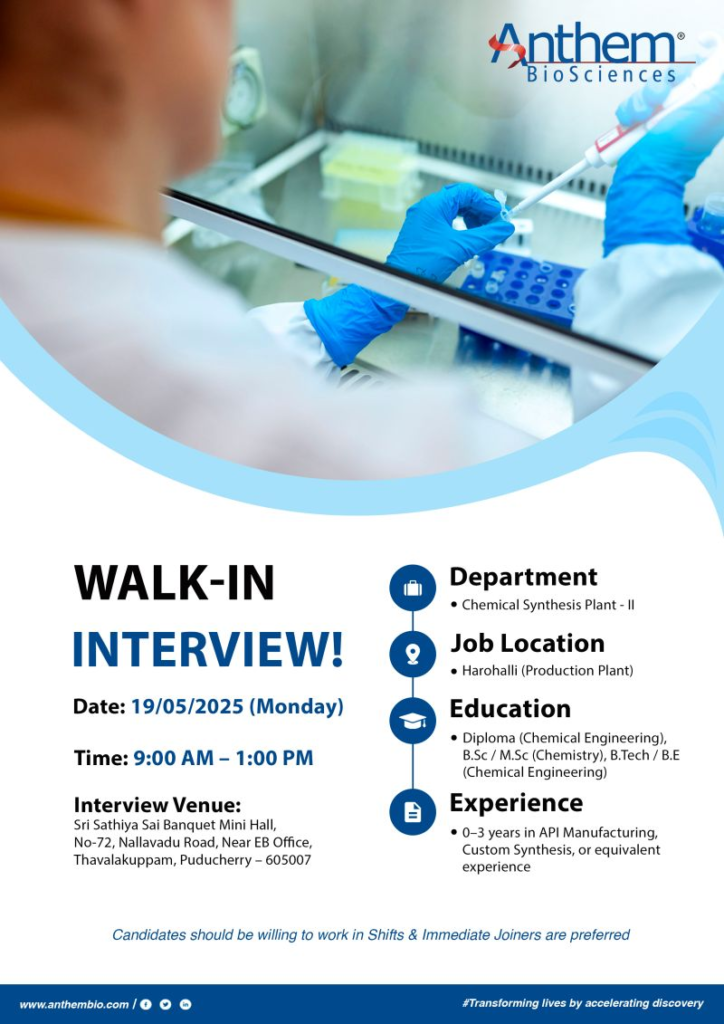 Anthem BioSciences Walk-In Interview for Chemical Synthesis Plant-II in Harohalli