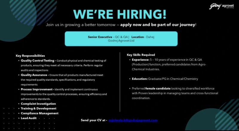 Godrej Agrovet Hiring Senior Executive for Quality Control & Quality Assurance in Dahej