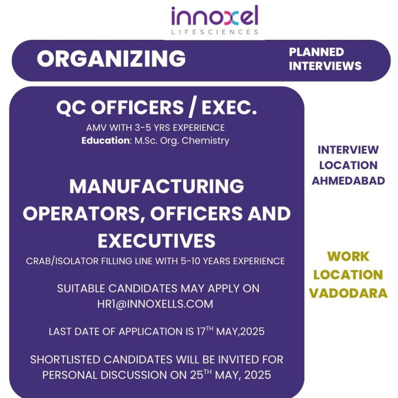 Innoxel Lifesciences Planned Interviews for Quality Control and Manufacturing Roles in Vadodara