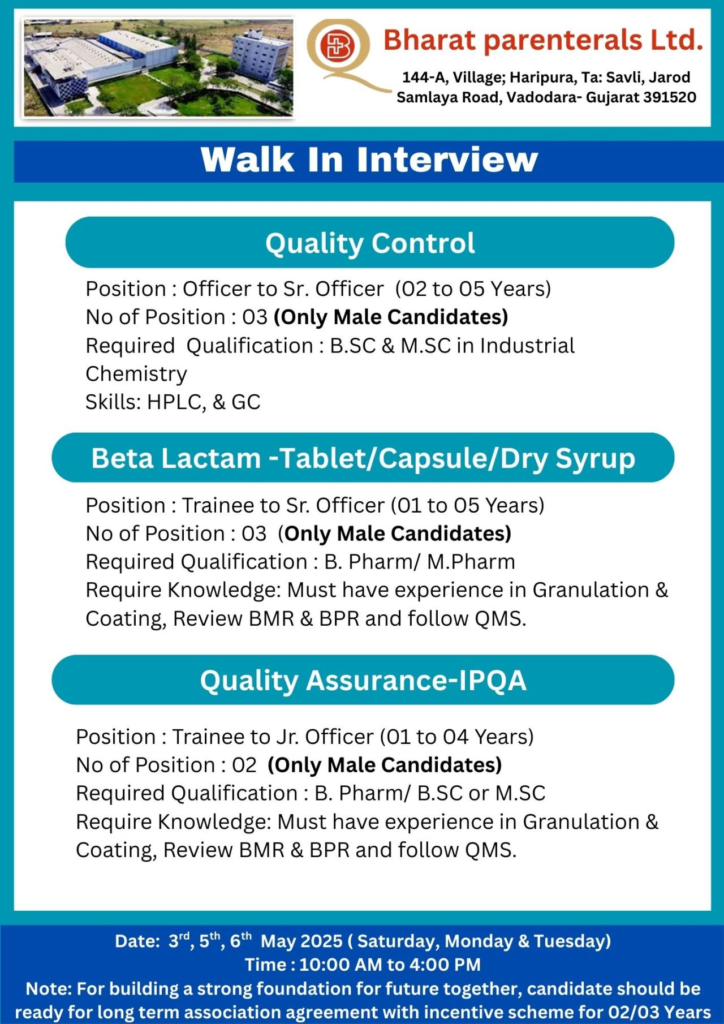 Bharat Parenterals Ltd Walk-In Interview for Multiple Positions (QA, QC Jobs Role) on 3rd, 5th and 6th May