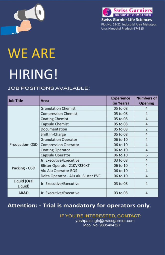 Swiss Garnier Life Sciences Hiring for Production, Packing, and AR&D Roles in Una, Himachal Pradesh