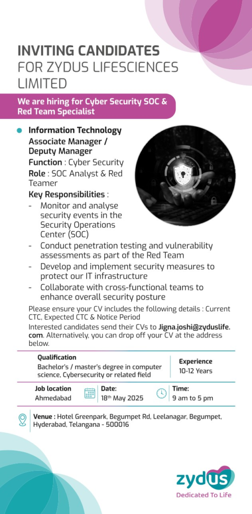 Zydus Lifesciences - Recruitment Drive for Cyber Security SOC & Red Team Specialist in Ahmedabad