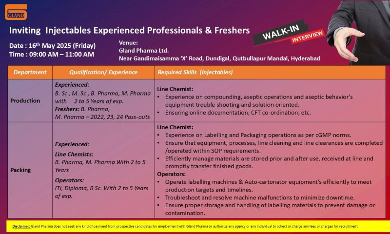 Gland Pharma Walk-In Interview for Injectables Production and Packing Roles in Hyderabad