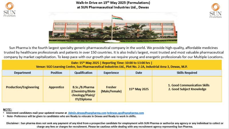 Sun Pharma Walk-In Drive for Production and Engineering Apprentices on 15th May