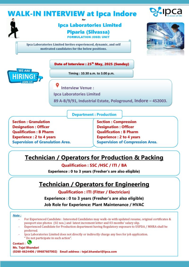 Ipca Laboratories Limited Walk-In Interview for Production and Engineering Roles in Indore