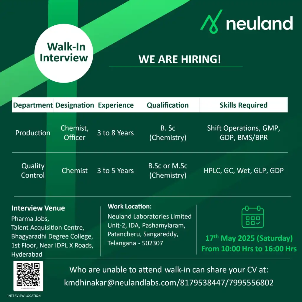 Neuland Laboratories Limited Walk-In Interview for Production and Quality Control Roles on 17th May